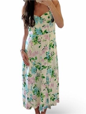 Old Navy Floral Midi Dress – Cream Base with Blue & Pink Floral Print | Size M